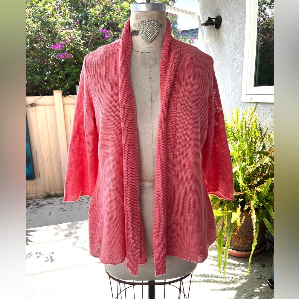 EILEEN FISHER hemp Linen Open Weave Cardigan Sweater Womens M Italian Yarn Coral